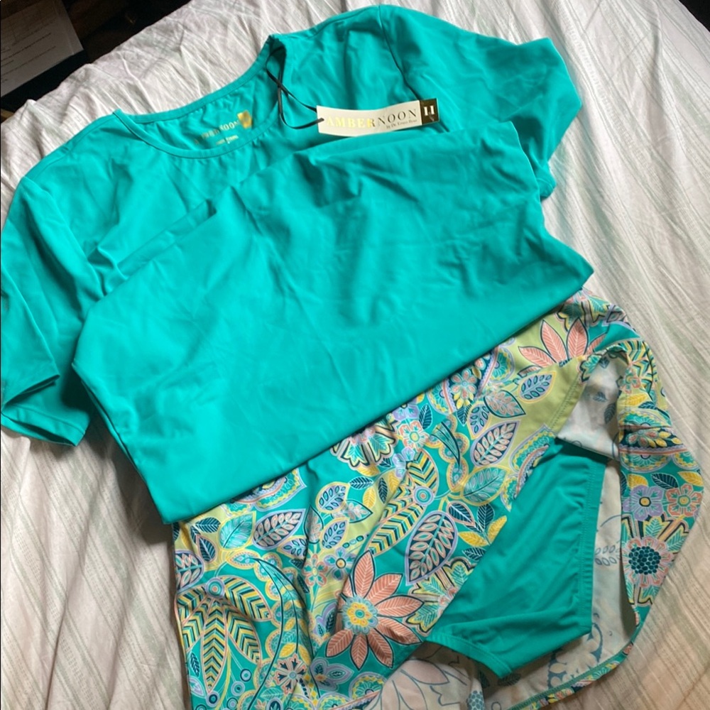 Amber Noon Teal Top and Floral Skirted bottom Bathing Suit Set
